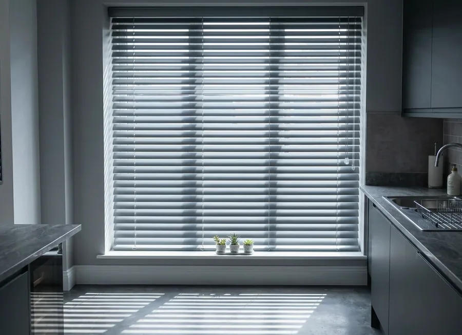 Aluminium venetian blind in a Blair Atholl kitchen, horizontal slats tilted to throw daylight across the floor