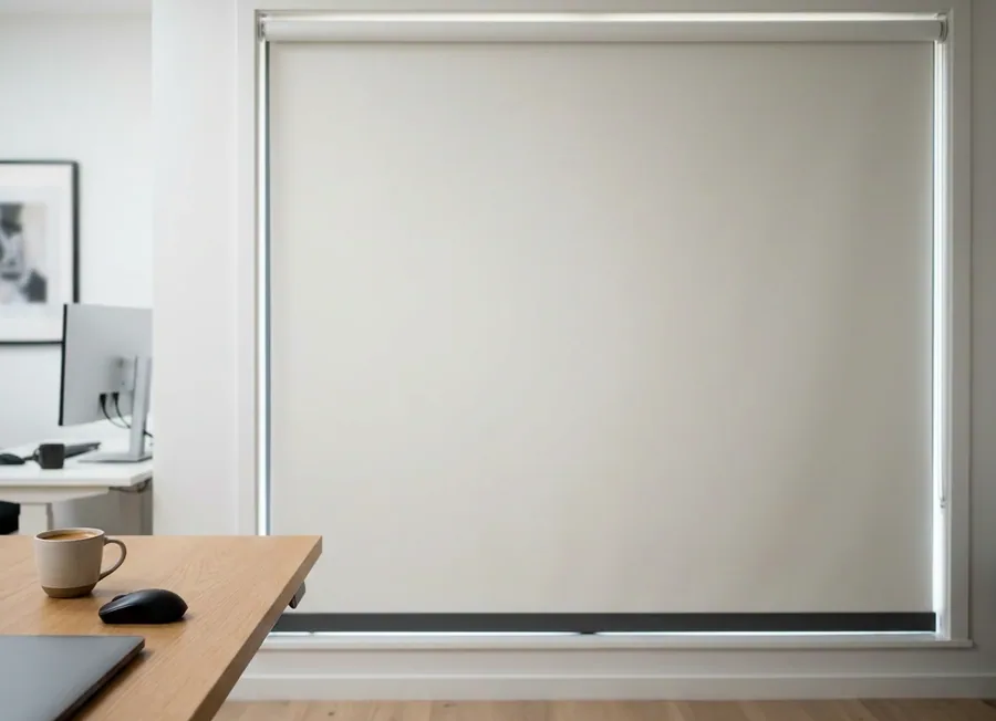 Blockout roller blind, a single flat sheet of light-stopping fabric on a tube, fully lowered over a Blair Atholl study window