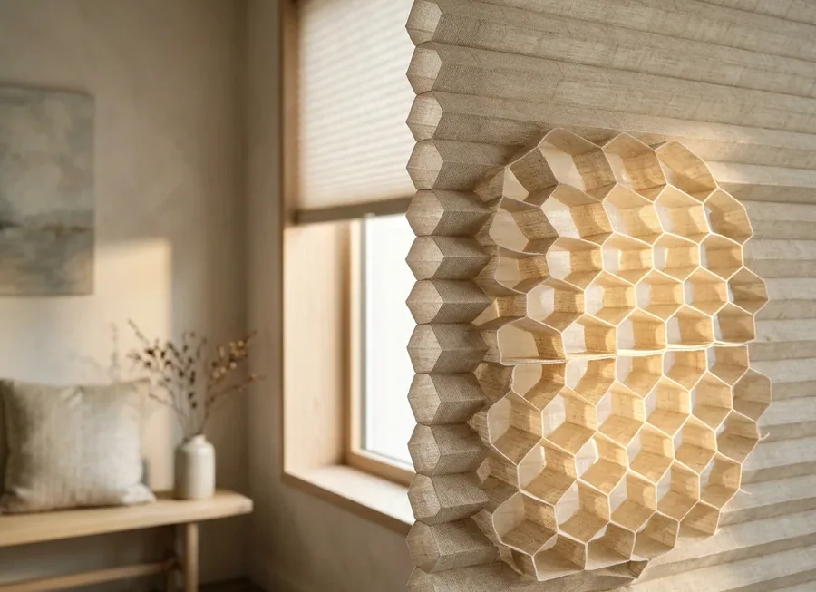 Cellular honeycomb blind in close-up, the trapped-air hexagonal cells insulating a Blair Atholl double-volume window