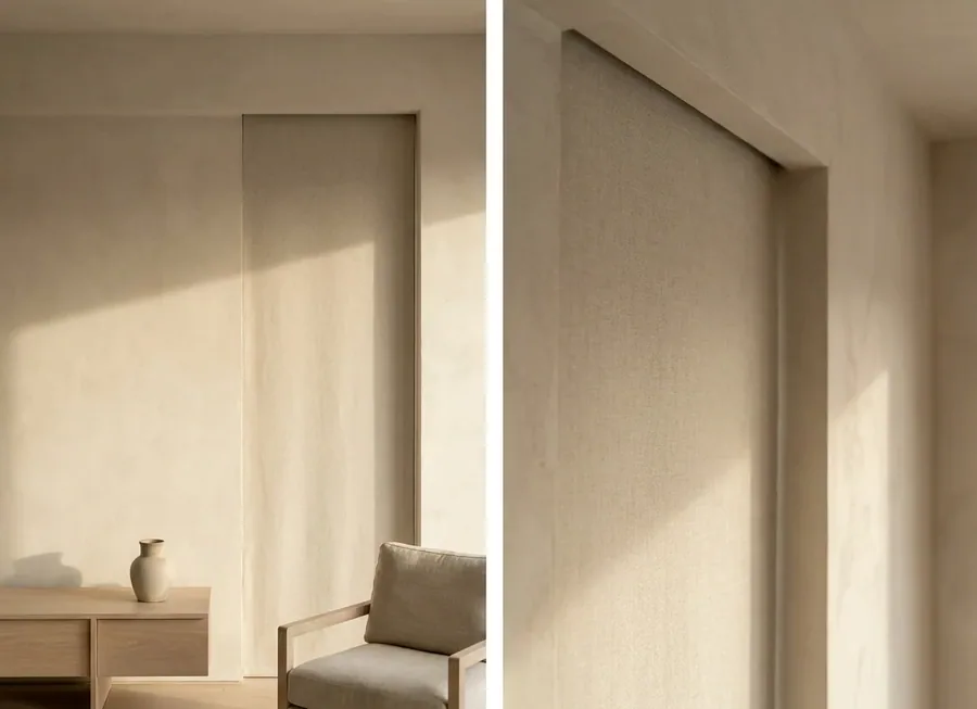 Concealed blind dropping from a recessed ceiling slot in a Blair Atholl home, headbox hidden so only the fabric and the wall are visible