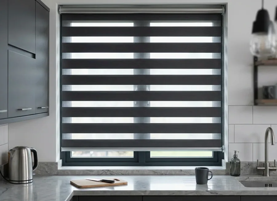 Day and night zebra blind in a Blair Atholl kitchen, alternating sheer and solid fabric bands lined up on one roller