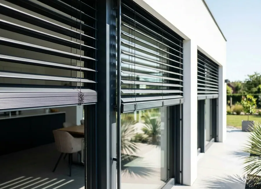 External venetian blinds mounted outside a Blair Atholl home's sliding glass, aluminium slats stopping the sun before it reaches the room