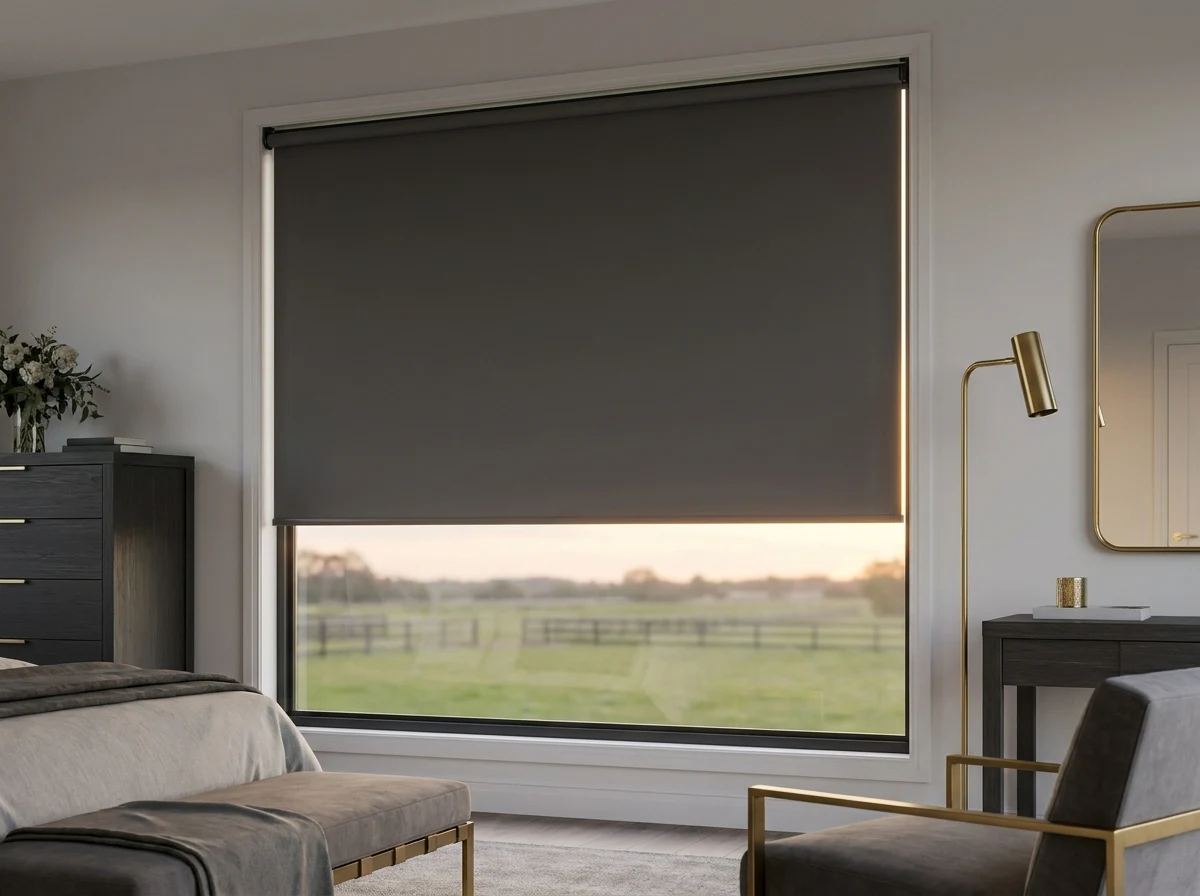 Blockout roller blind — a single flat sheet of light-stopping fabric, no folds — lowered over a bedroom window at dusk, paddock fencing visible at the edge of the glass, brass floor lamp in the foreground