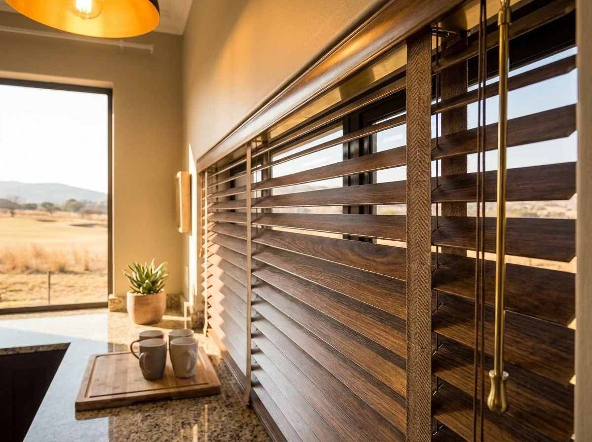 Timber venetian blind slats above a kitchen counter, warm wood grain on charcoal fabric tapes with a brass tilt cord, open Highveld view through the glass