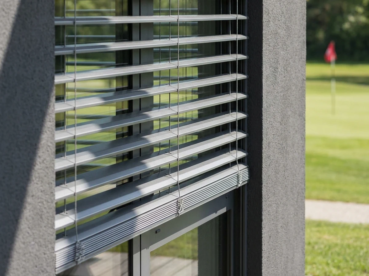 Close-up of external aluminium venetian blind slats mounted outside a window, angled against the sun, with a golf green and flag visible beyond