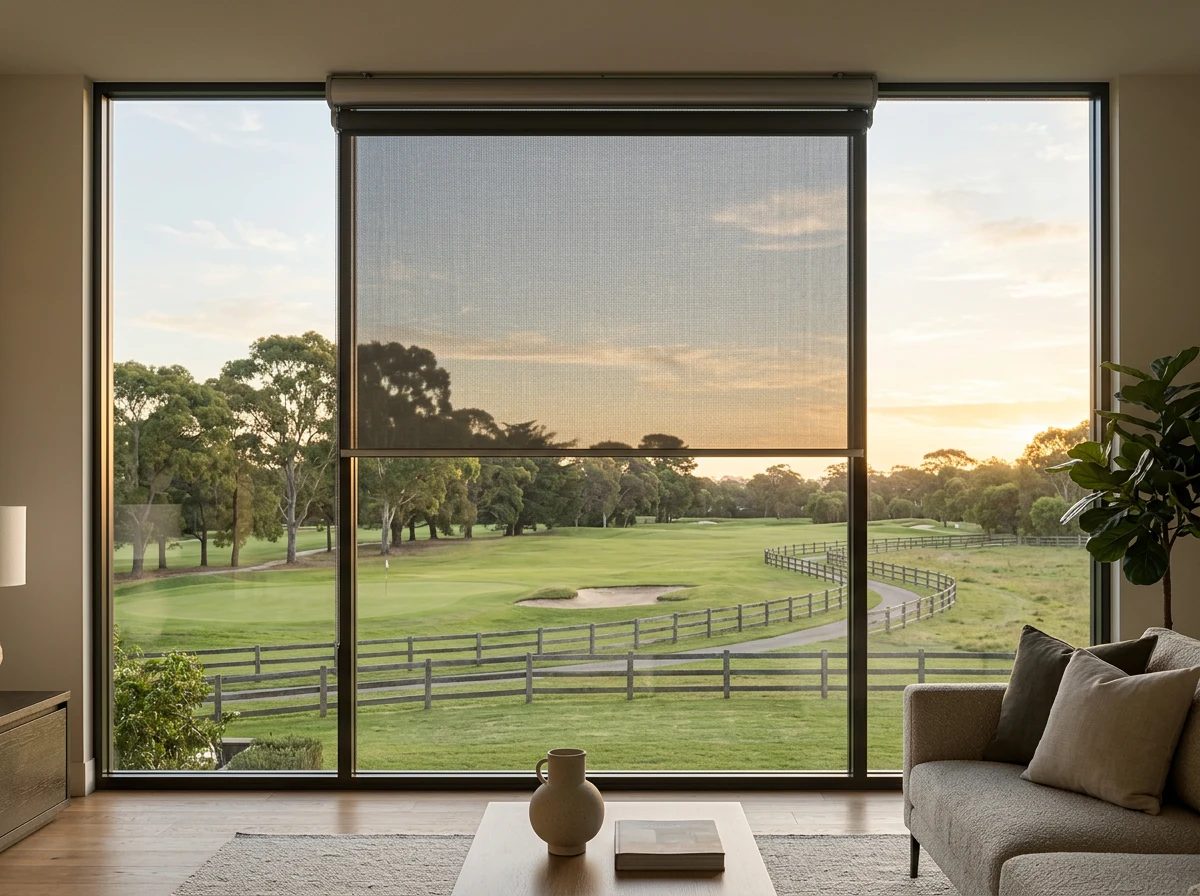 Sunscreen roller blind — a single flat sheet of open-weave fabric on a tube — lowered halfway across a west-facing window, golf fairway and paddock fencing visible through the weave at sunset