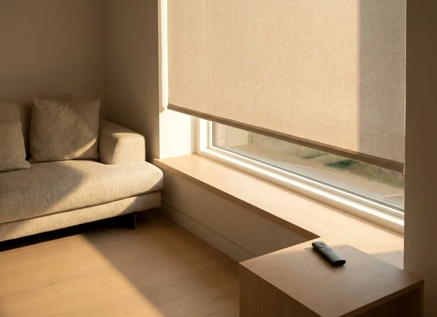 Motorised roller blind lowered over a wide window in a Blair Atholl living room, its handheld remote resting on the side table