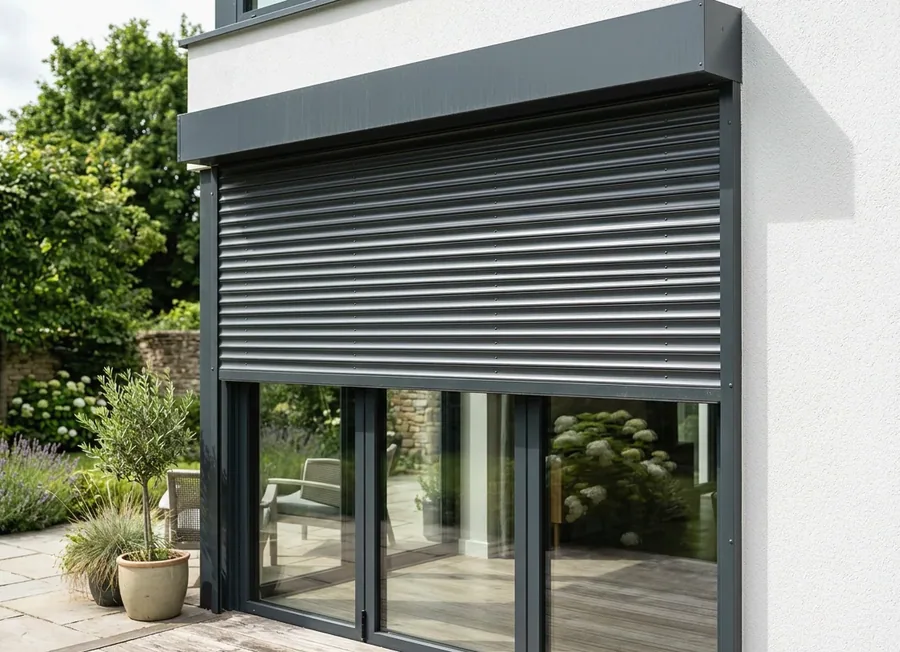 Roller shutter with rigid aluminium slats rolled part-way down from its headbox on the outside of a Blair Atholl patio door, shading the glass