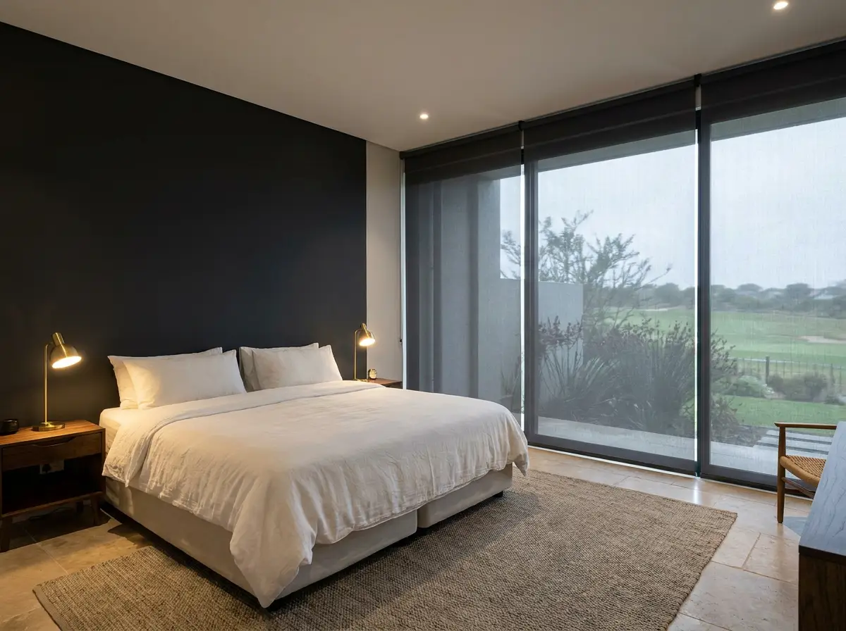 Bedroom in a Blair Atholl golf estate home with an ink accent wall and sunscreen roller blinds drawn across full-height glass onto the fairway