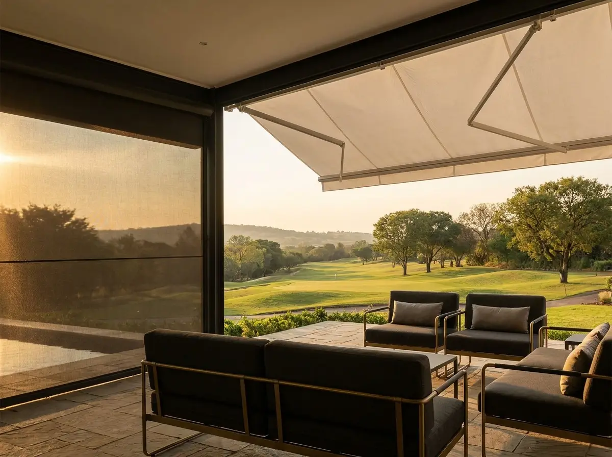 Covered patio on a Blair Atholl estate home at sunset with a folding-arm awning extended overhead and a zip screen lowered down the open western side
