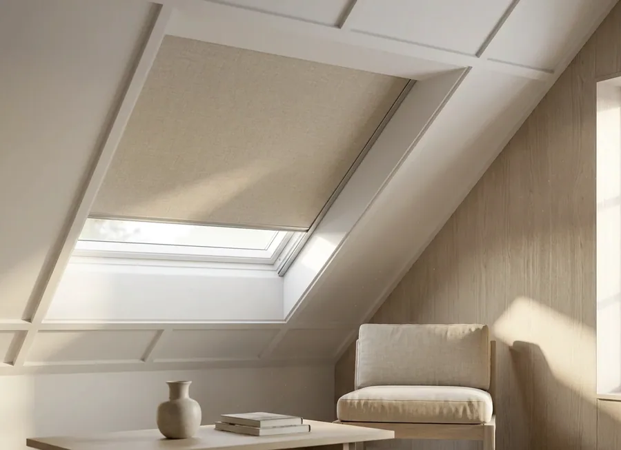 Skylight blind fitted to a raked gable window in a Blair Atholl estate home, held flat in side channels