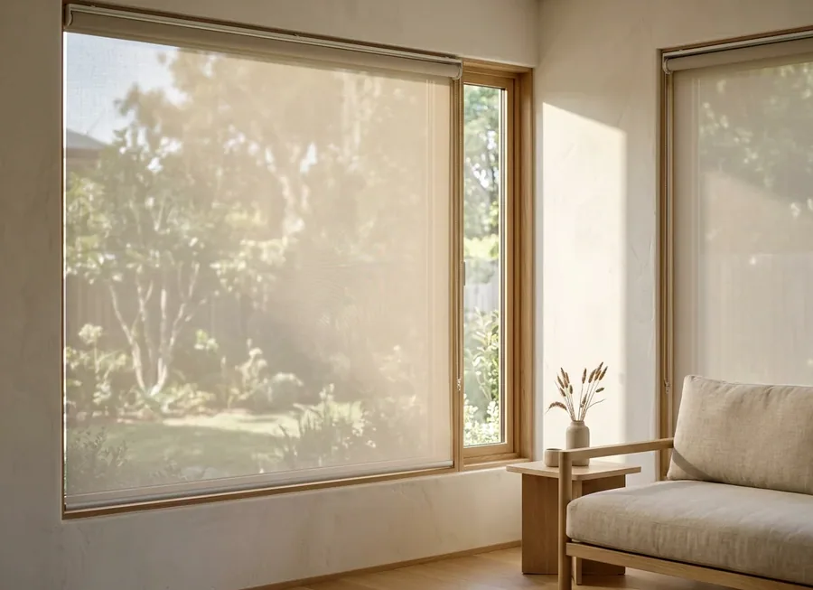 Sunscreen roller blind — one smooth flat panel on a tube — lowered over a garden-facing window in a Blair Atholl home, the fairway still readable through the open weave