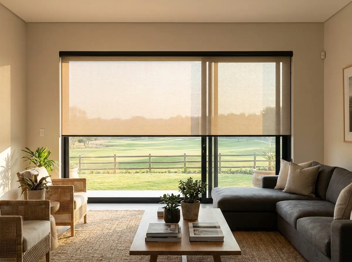 Sunscreen roller blind lowered two-thirds down a wide sliding glass door in a Blair Atholl living room, open-weave fabric softly diffusing the fairway view at golden hour